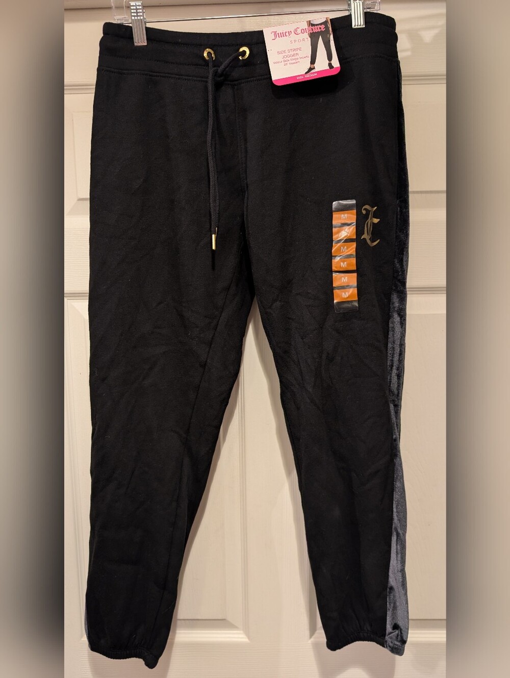 NEW! Juicy Couture Sport Women's Black Velour Side Stripe Jogger Pants Size Med.
